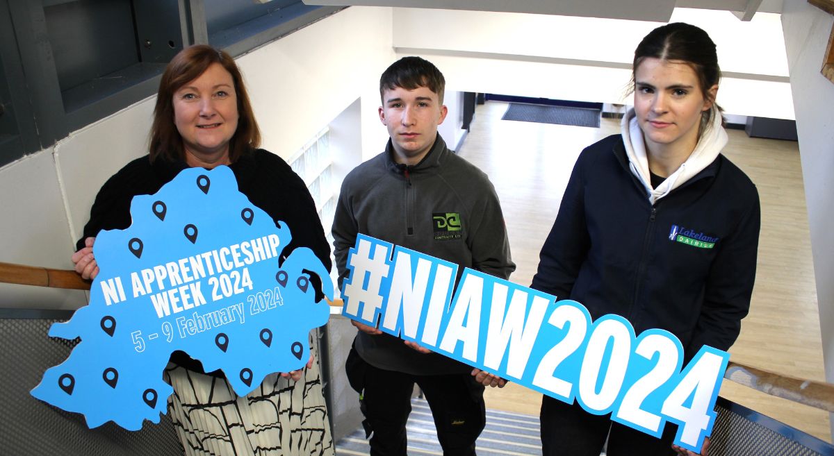 Victoria Boyd with apprentices Stephen Smyth and Charlie Clarke